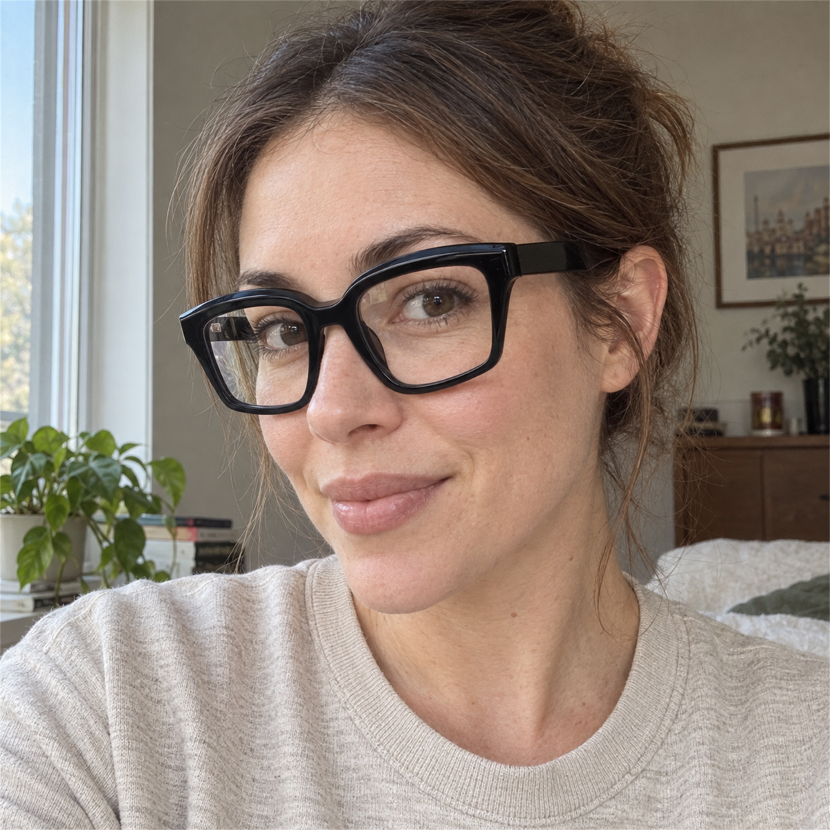 Tessa black acetate eyeglasses, lifestyle wearing photo