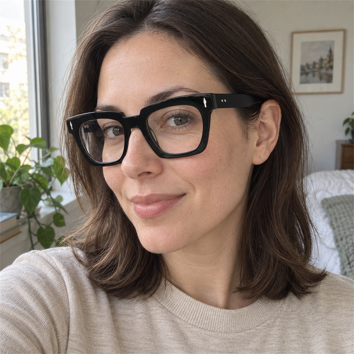Greta black acetate eyeglasses, lifestyle wearing photo