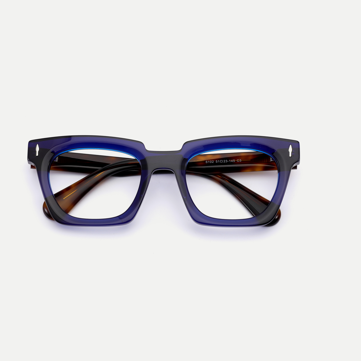 Greta navy blue acetate eyeglasses, rear detail