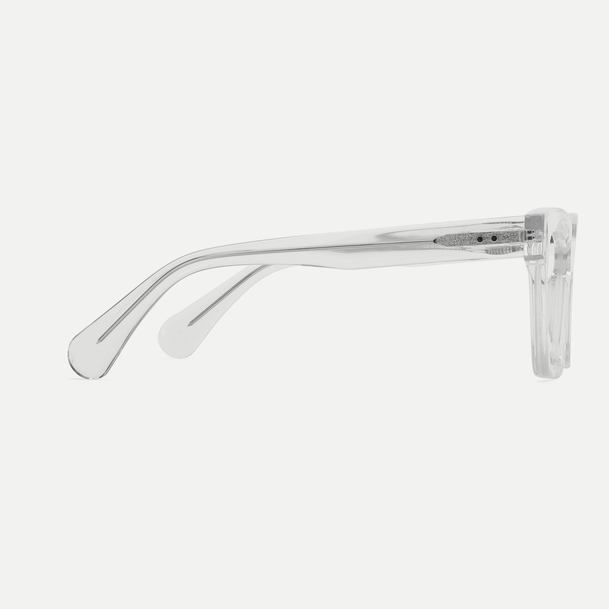 Greta crystal clear acetate eyeglasses, side detail