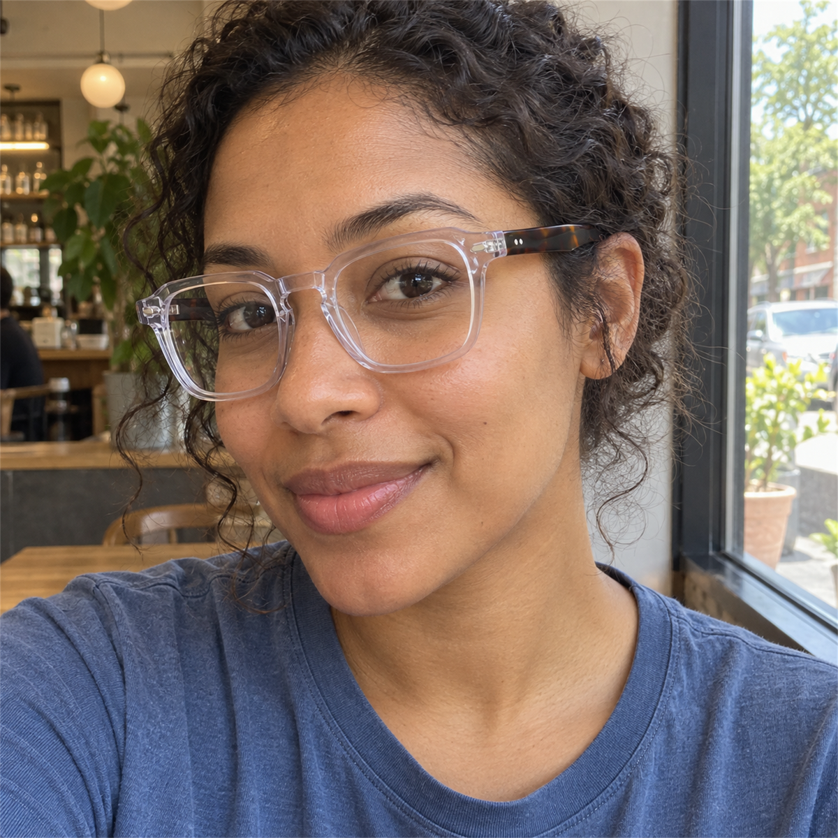 Nina crystal clear acetate eyeglasses, lifestyle wearing photo