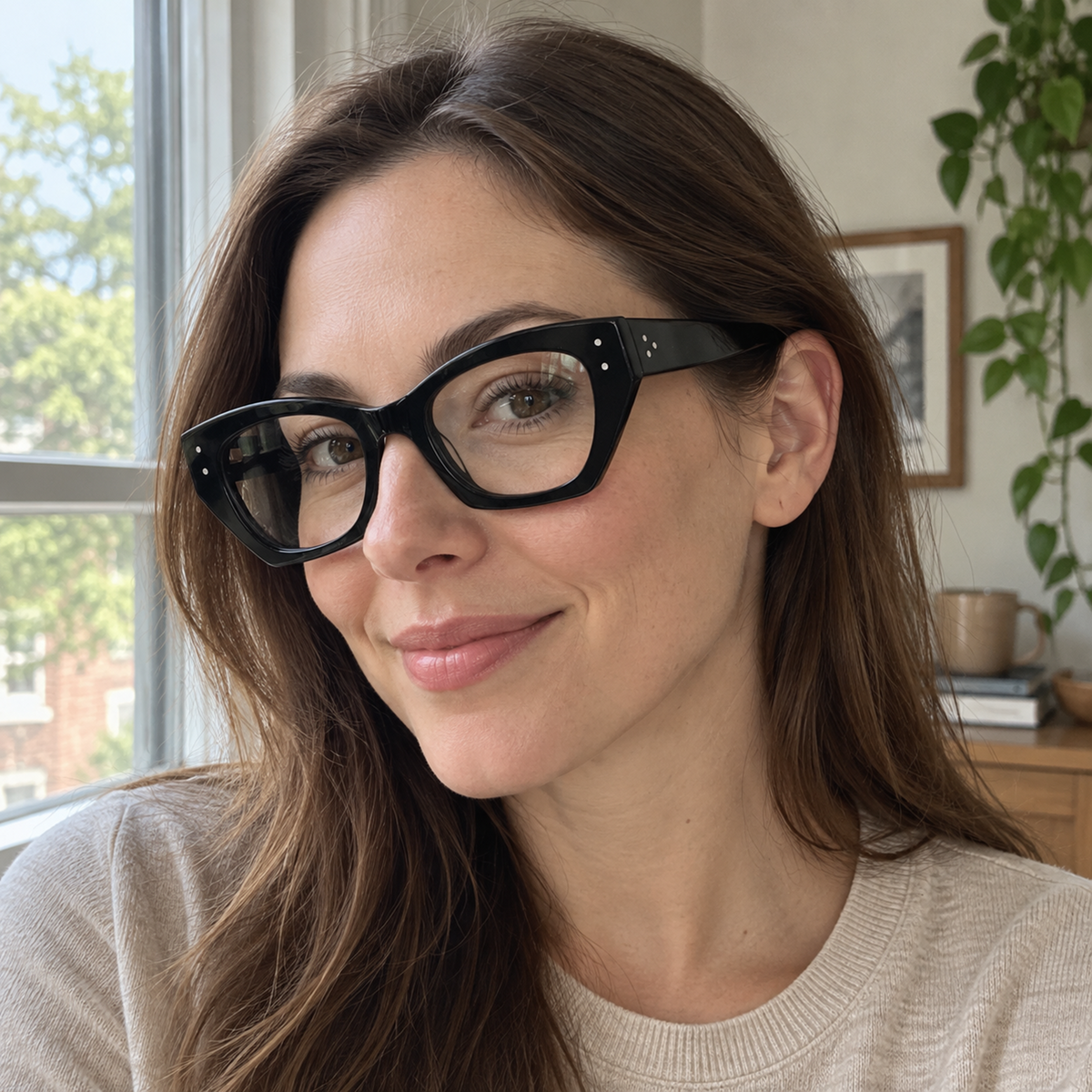 Viola black acetate eyeglasses, lifestyle wearing photo