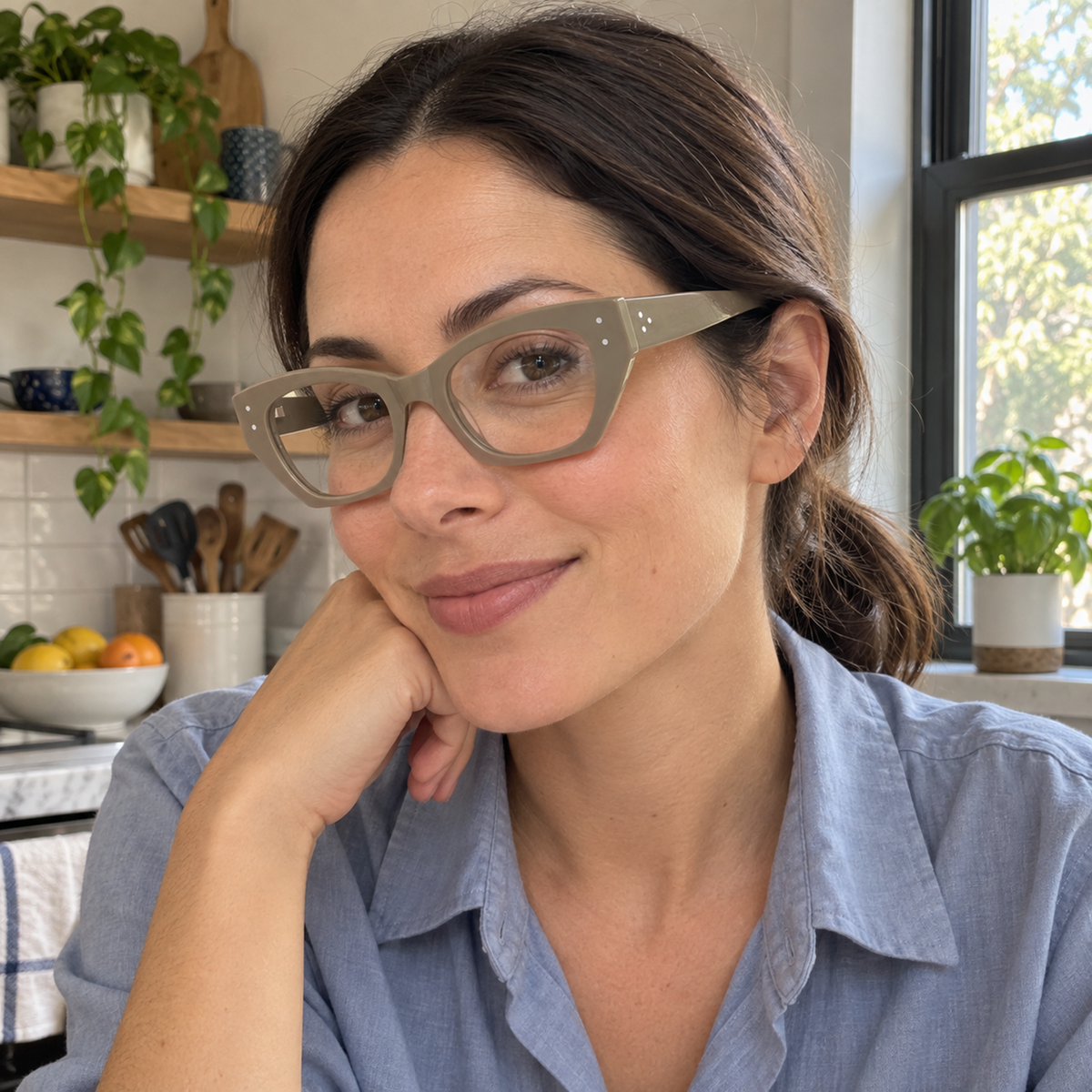 Viola taupe gray acetate eyeglasses, lifestyle wearing photo