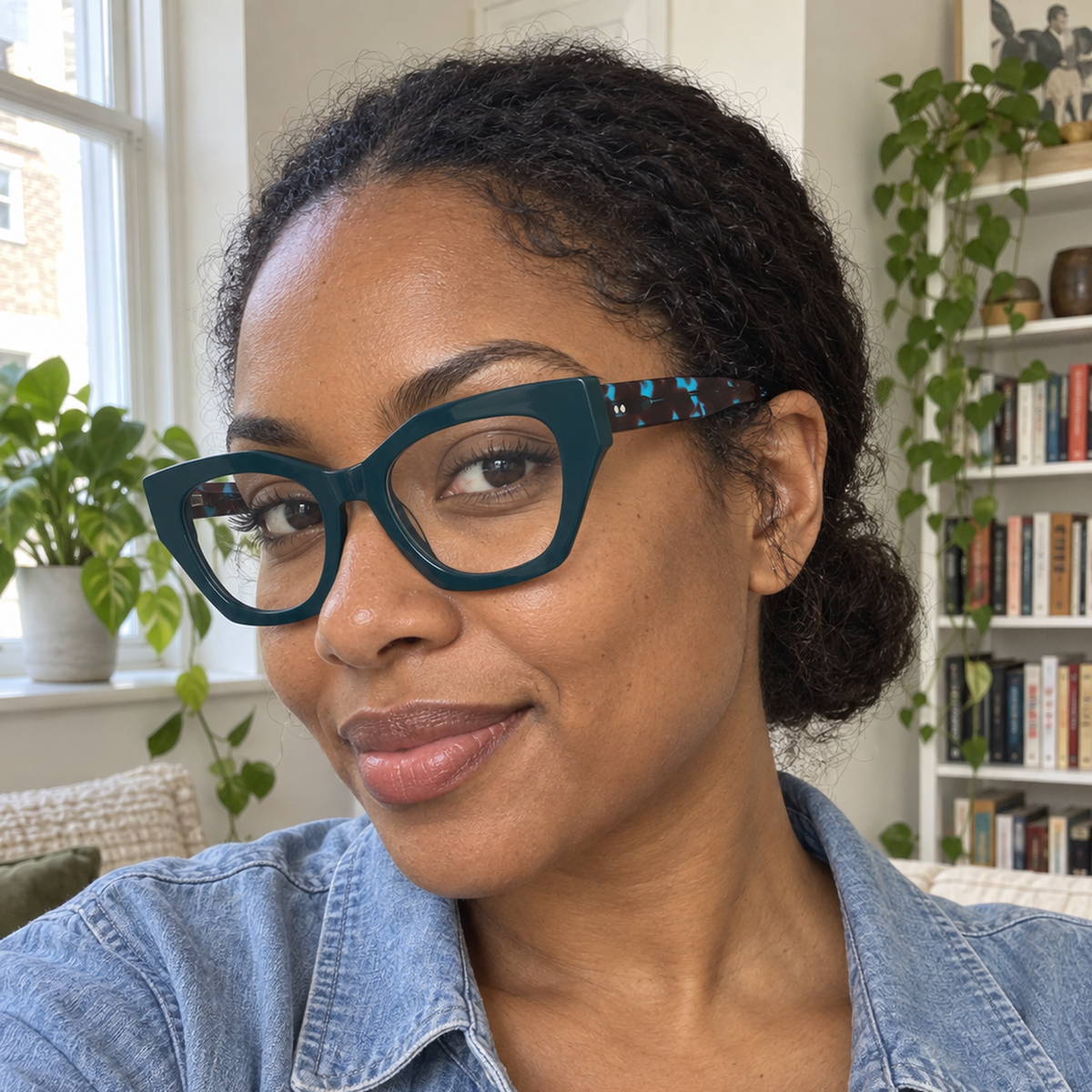 Daphne deep teal acetate eyeglasses, lifestyle wearing photo