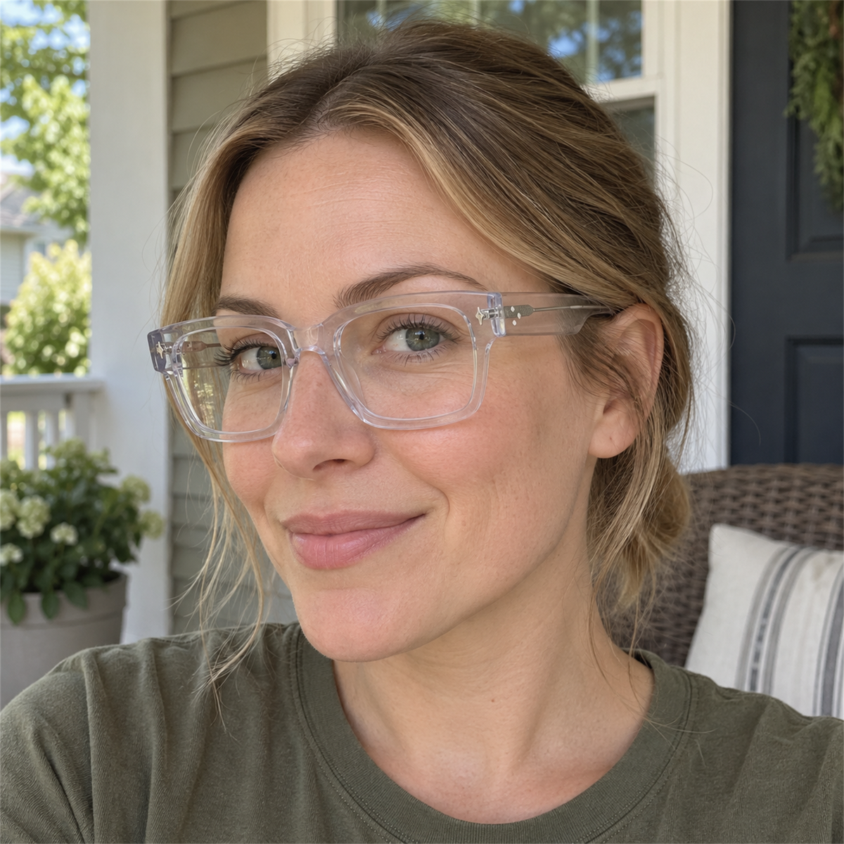 Ingrid crystal clear acetate eyeglasses, lifestyle wearing photo