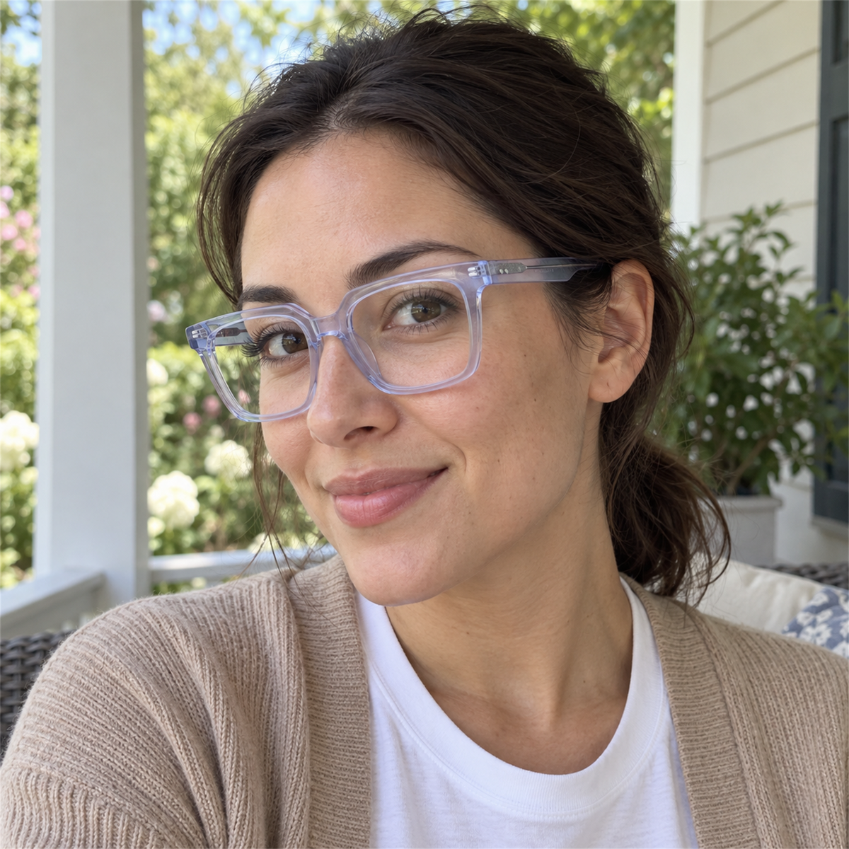 Odette crystal ice blue acetate eyeglasses, lifestyle wearing photo