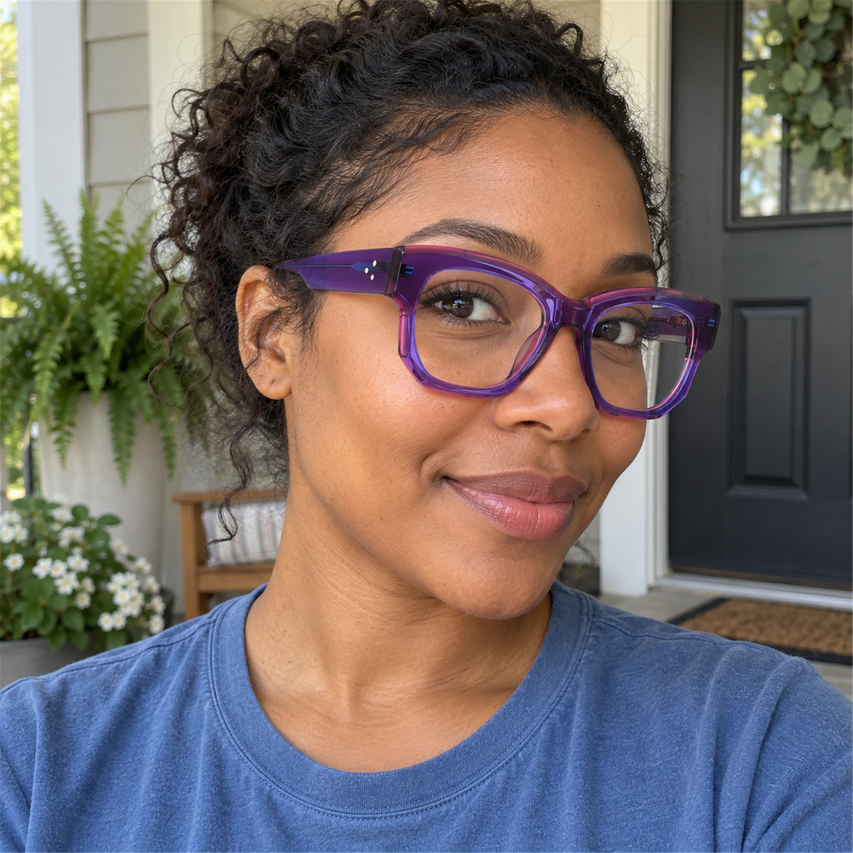 Giselle purple acetate eyeglasses, lifestyle wearing photo