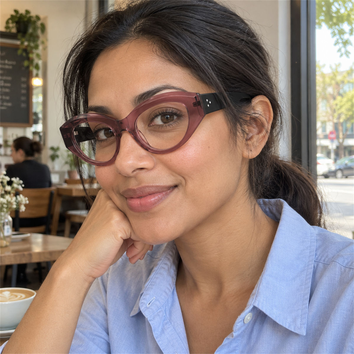 Lola crystal mauve acetate eyeglasses, lifestyle wearing photo