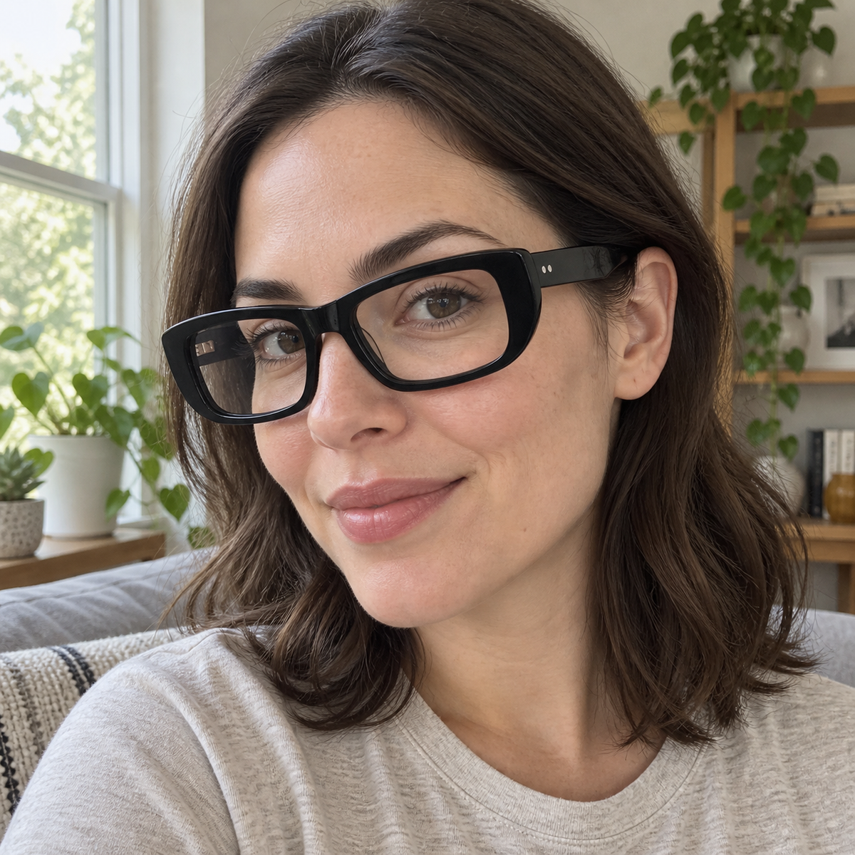 Mabel black acetate eyeglasses, lifestyle wearing photo