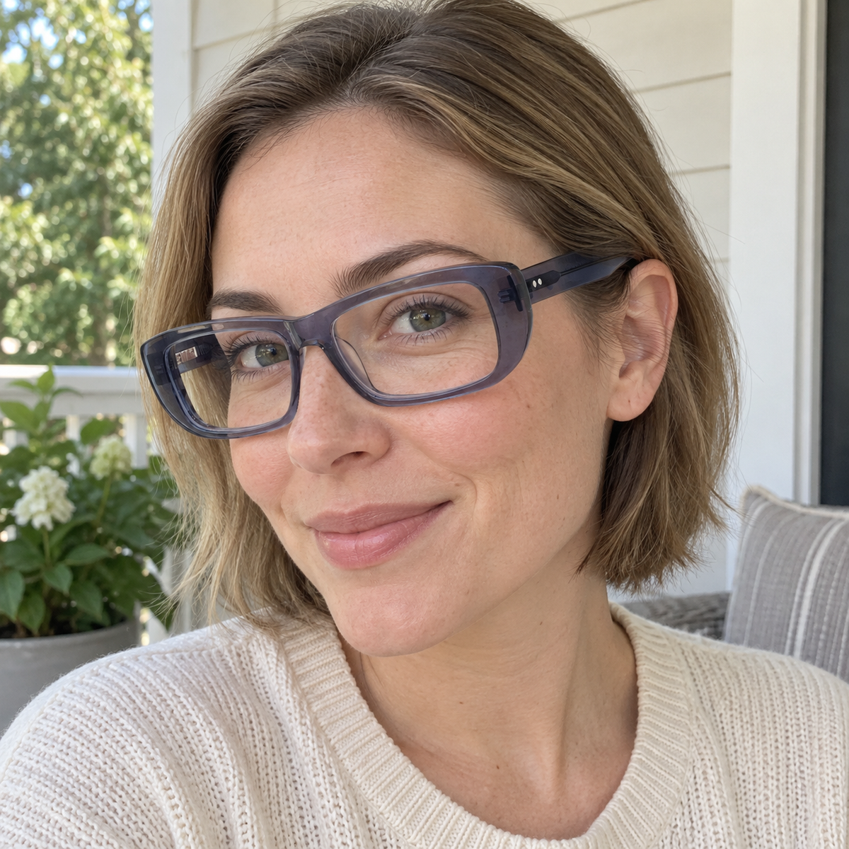 Mabel smoke blue acetate eyeglasses, lifestyle wearing photo