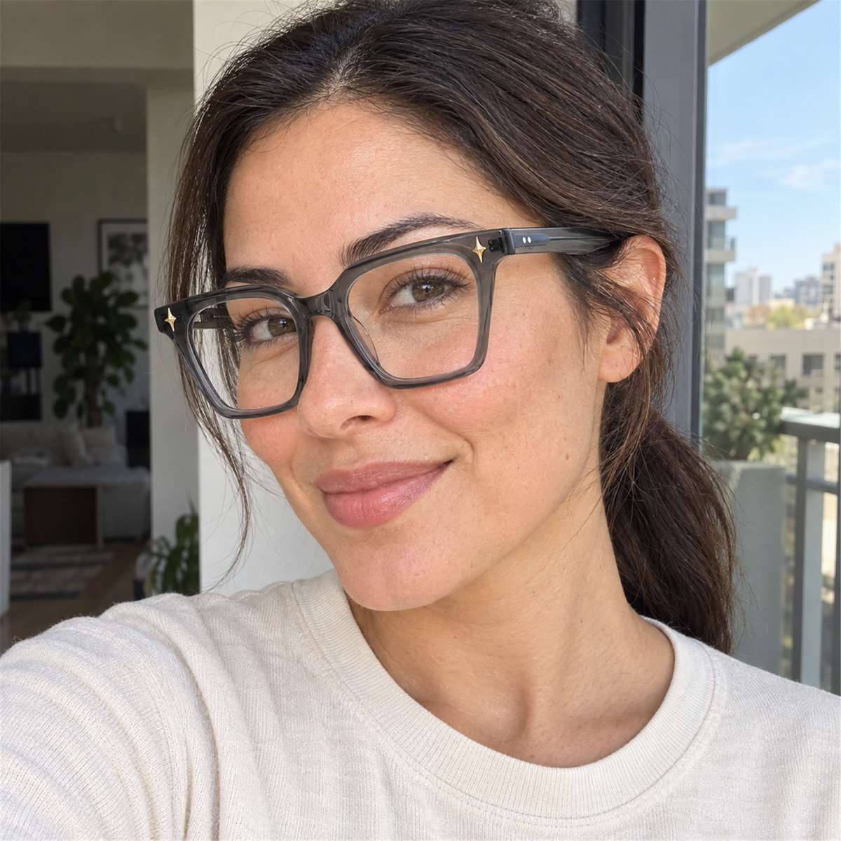 Gemma smoke gray acetate eyeglasses, lifestyle wearing photo