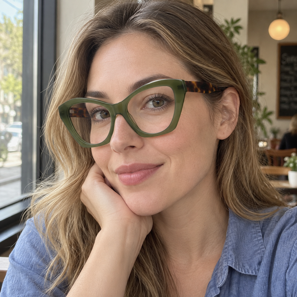 Faye olive green acetate eyeglasses, lifestyle wearing photo