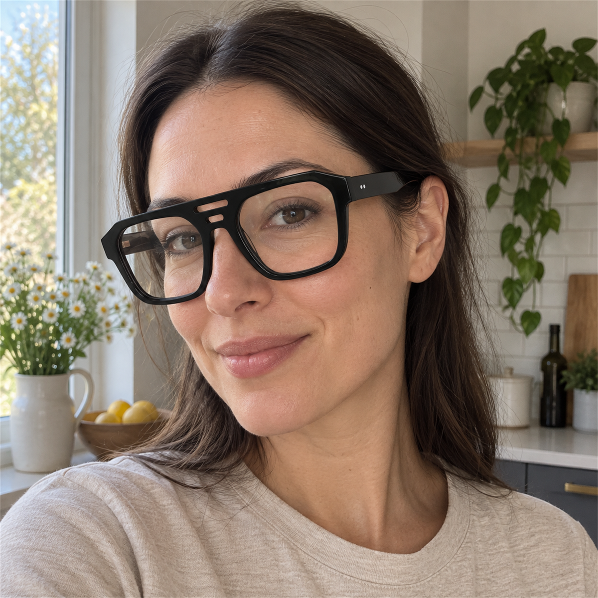 Petra black acetate eyeglasses, lifestyle wearing photo