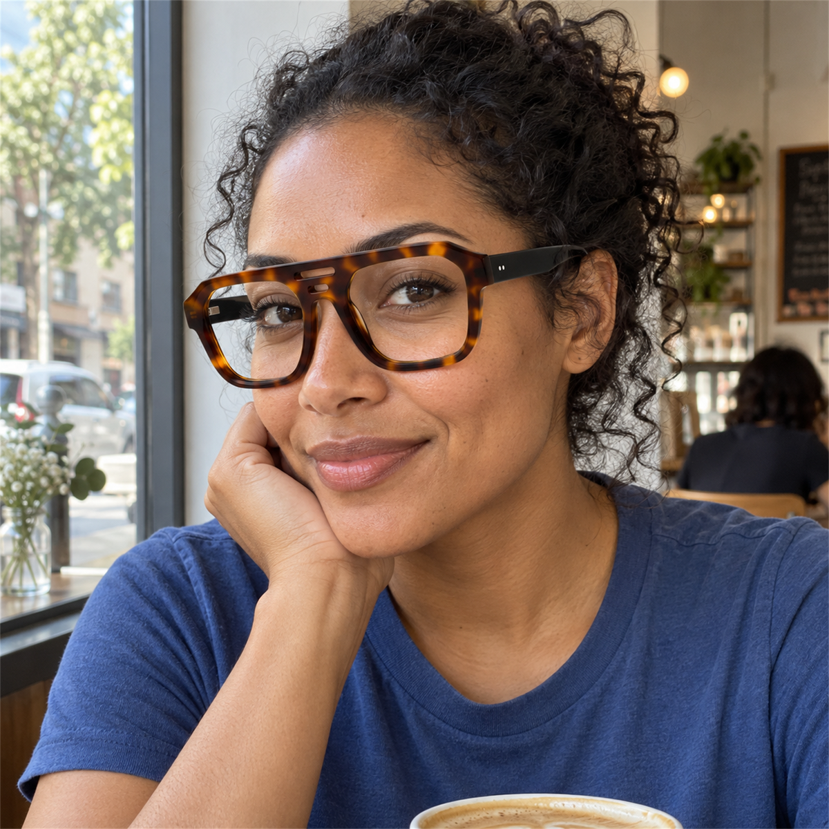 Petra tortoise acetate eyeglasses, lifestyle wearing photo