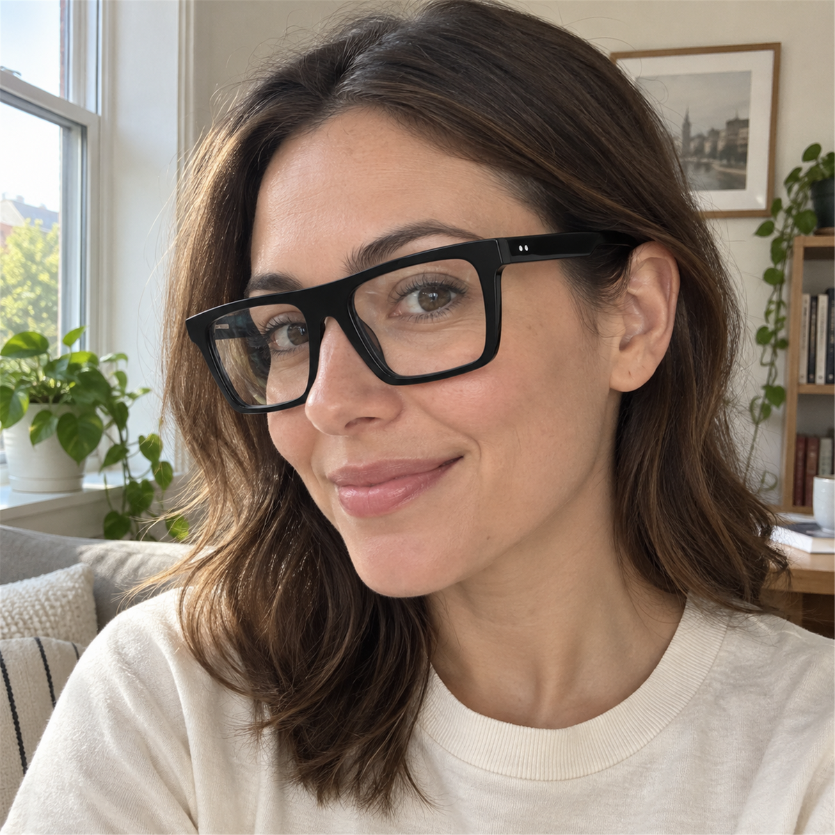 Adele black acetate eyeglasses, lifestyle wearing photo