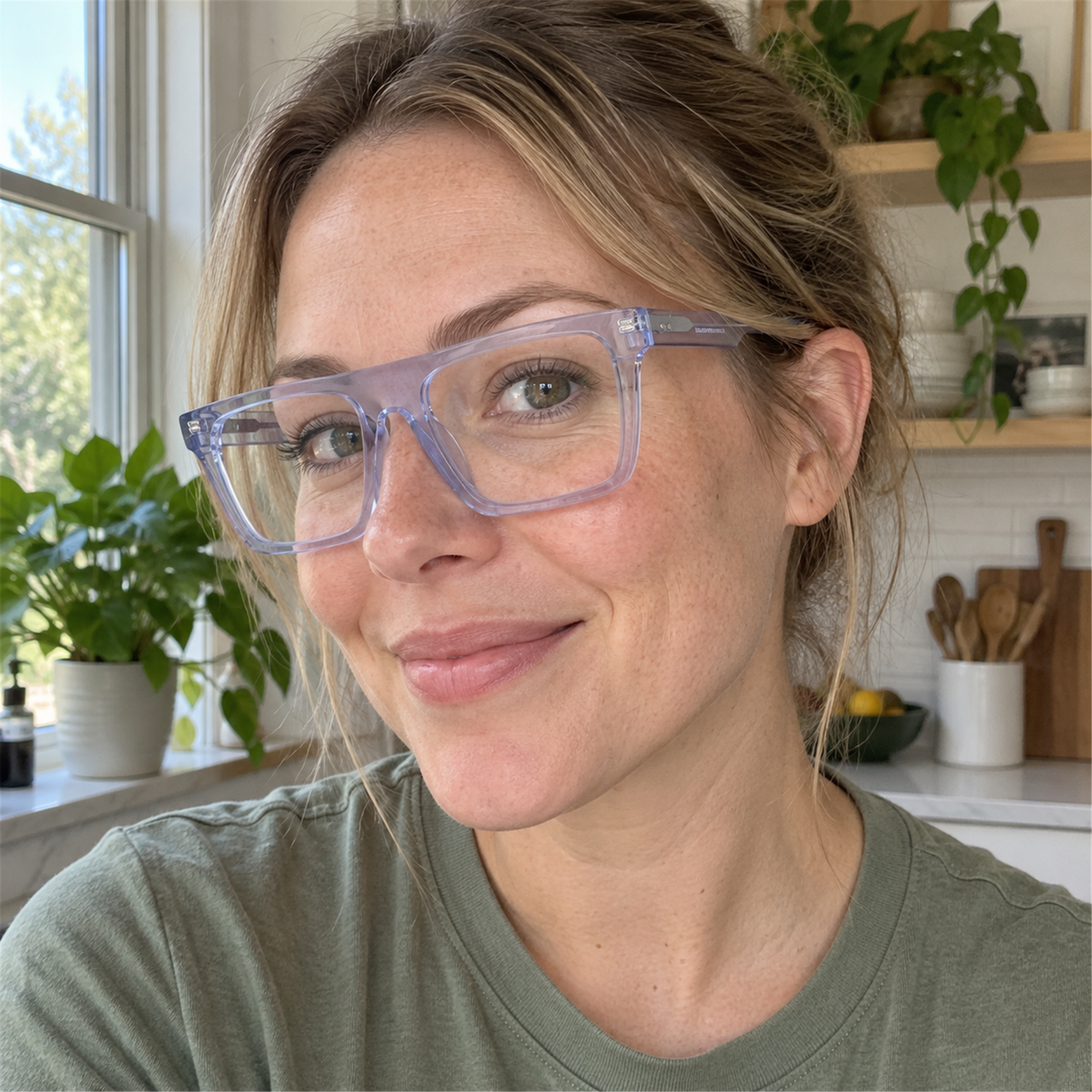 Adele crystal lilac acetate eyeglasses, lifestyle wearing photo