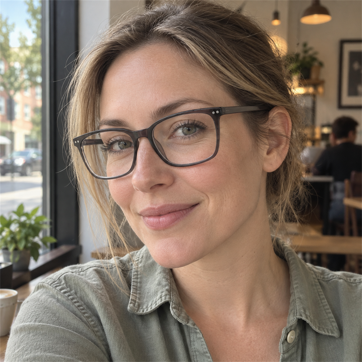 Beatrice smoke gray acetate eyeglasses, lifestyle wearing photo