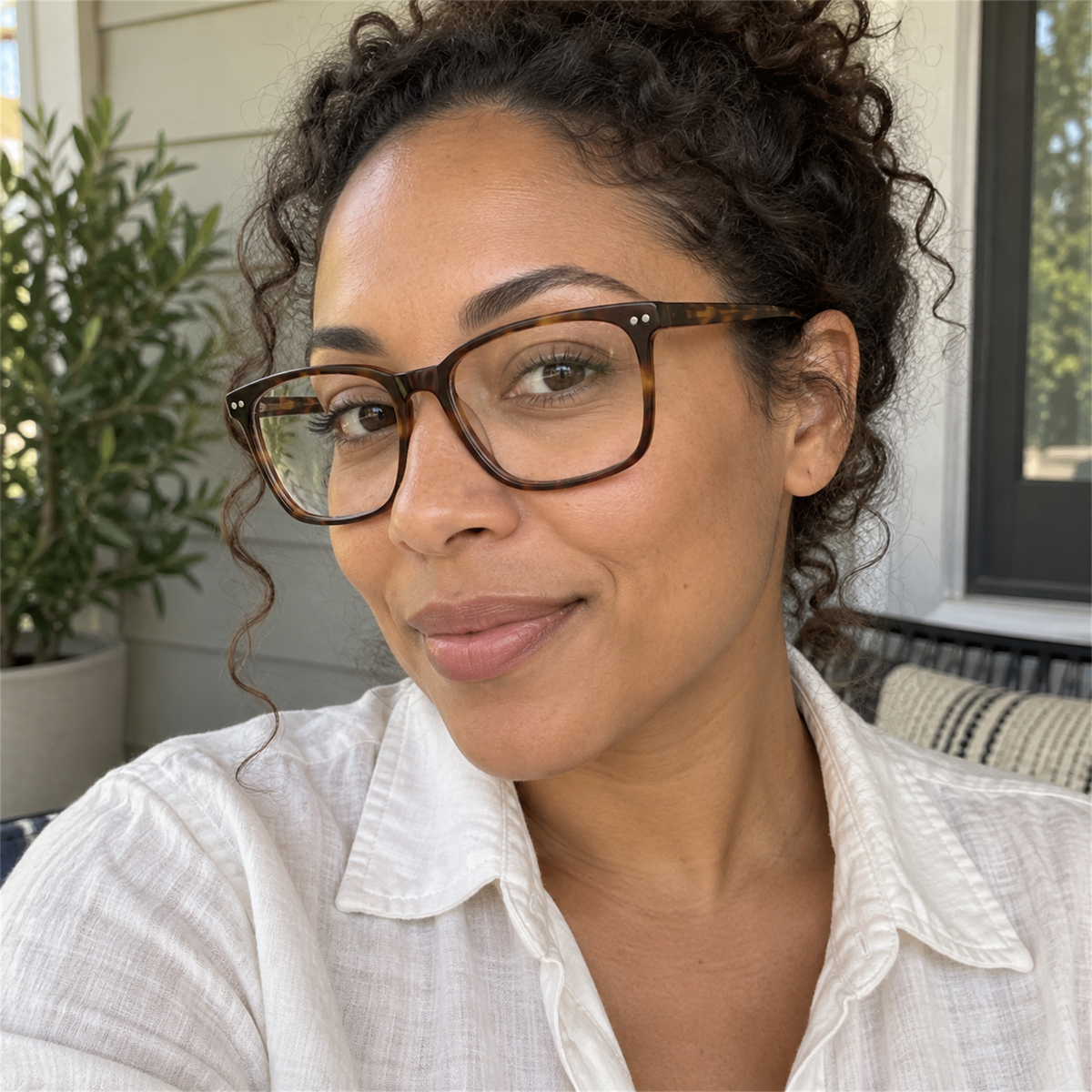Beatrice dark tortoise acetate eyeglasses, lifestyle wearing photo