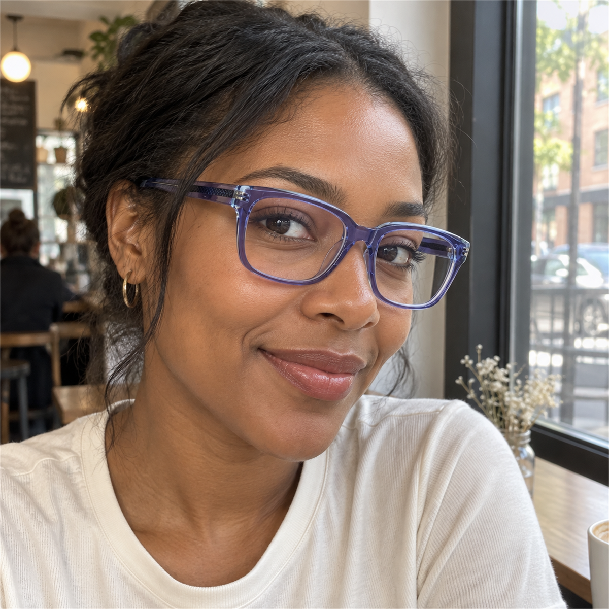 Celeste crystal violet acetate eyeglasses, lifestyle wearing photo