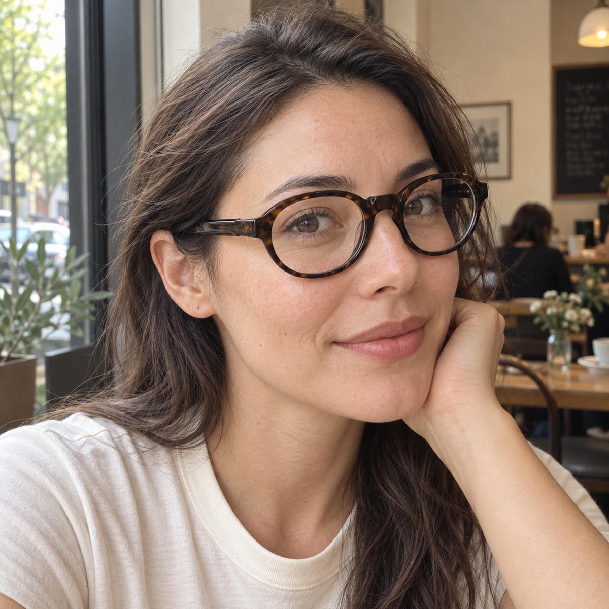 Laurel tortoise acetate eyeglasses, lifestyle wearing photo