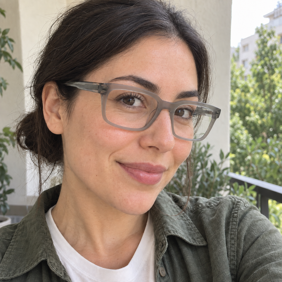 Isabel crystal sage acetate eyeglasses, lifestyle wearing photo