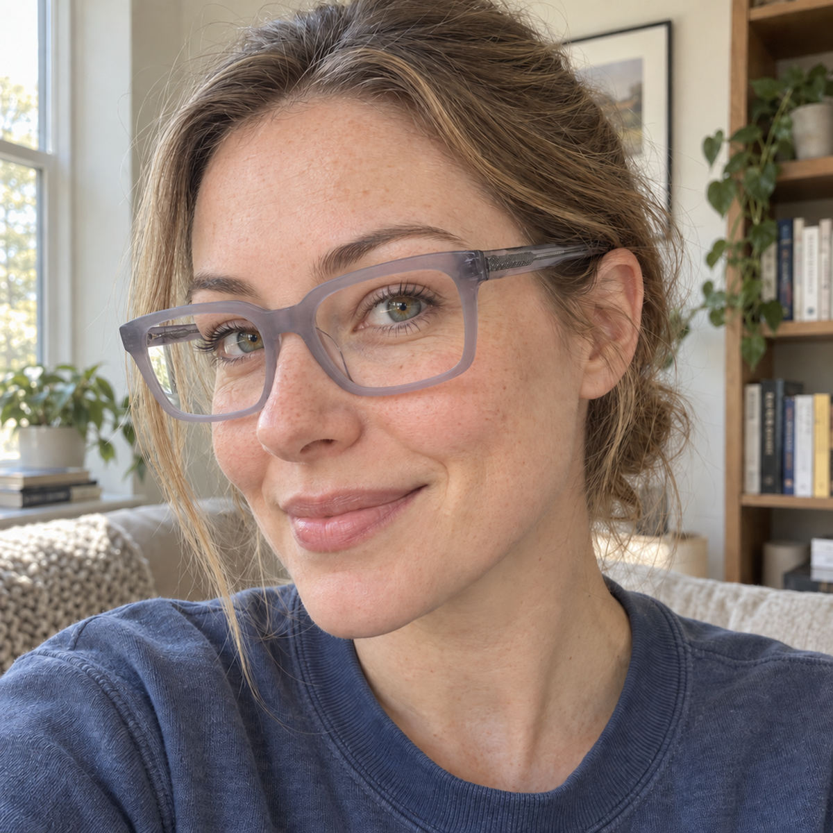 Isabel crystal lilac acetate eyeglasses, lifestyle wearing photo