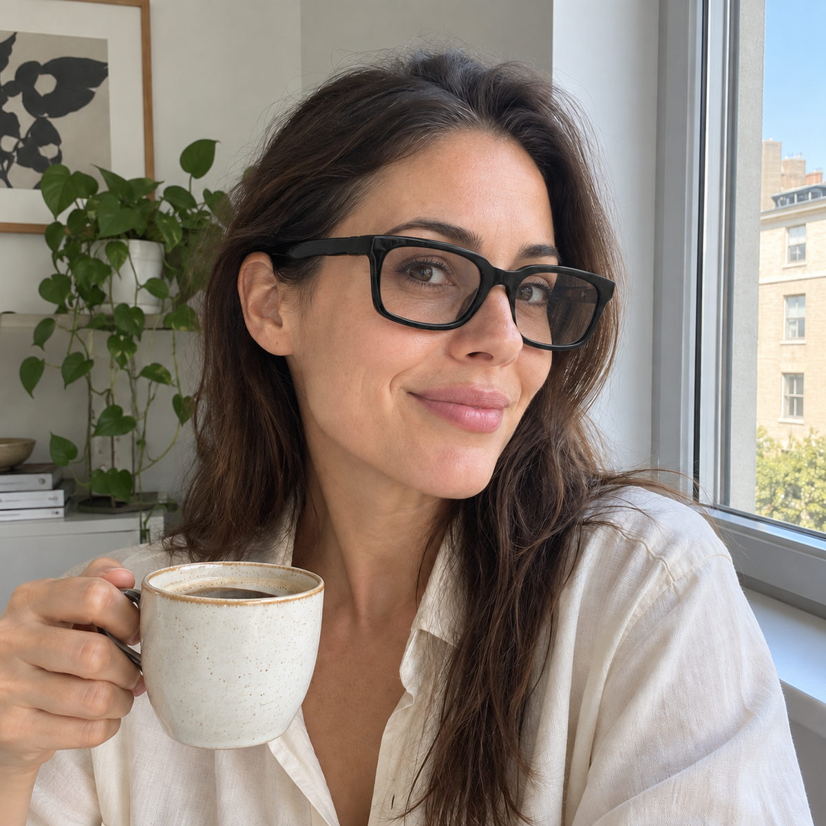 Cecily black acetate eyeglasses, lifestyle wearing photo