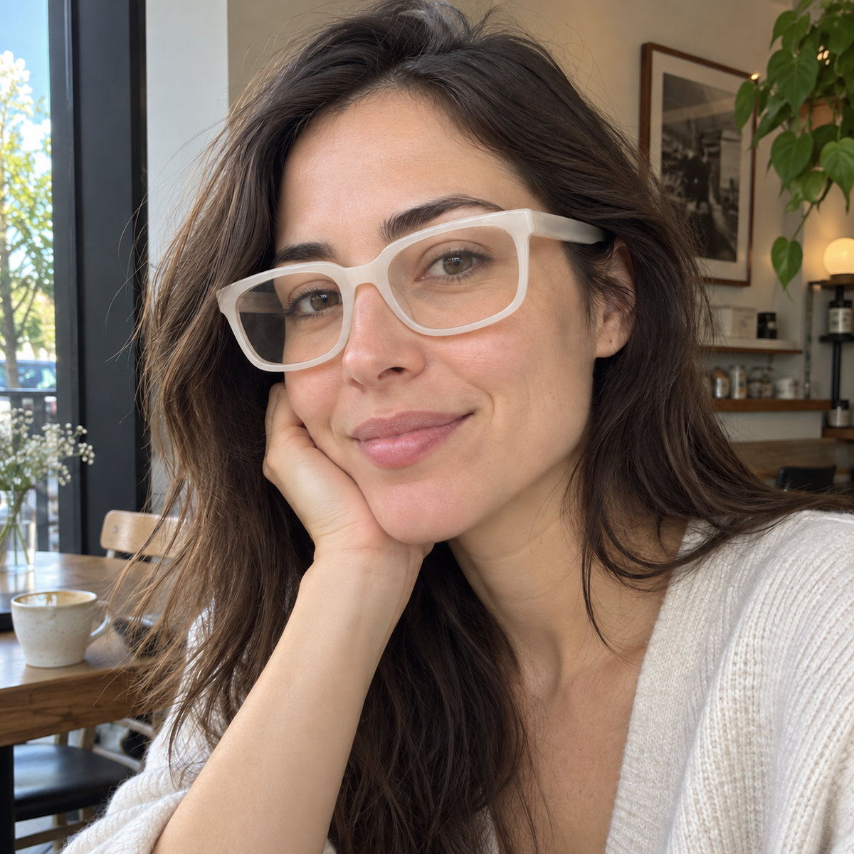 Cecily blush acetate eyeglasses, lifestyle wearing photo