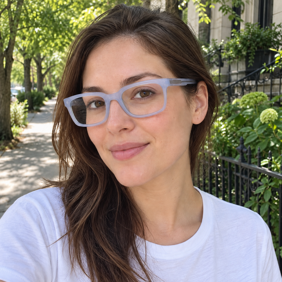 Cecily crystal lavender acetate eyeglasses, lifestyle wearing photo