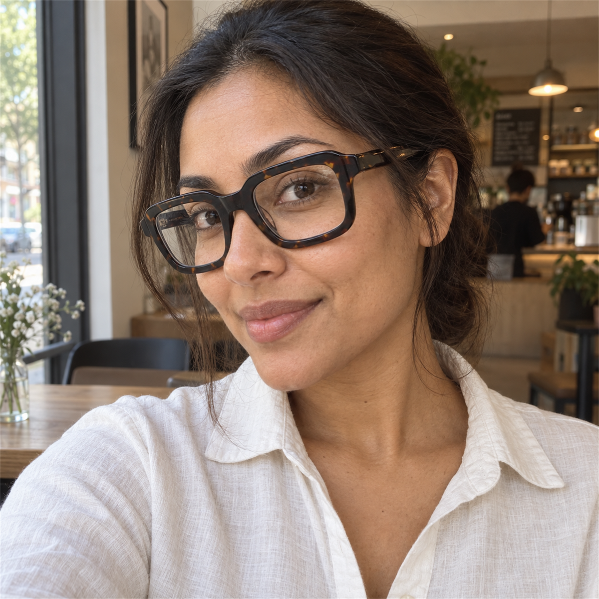 Matilda dark tortoise acetate eyeglasses, lifestyle wearing photo