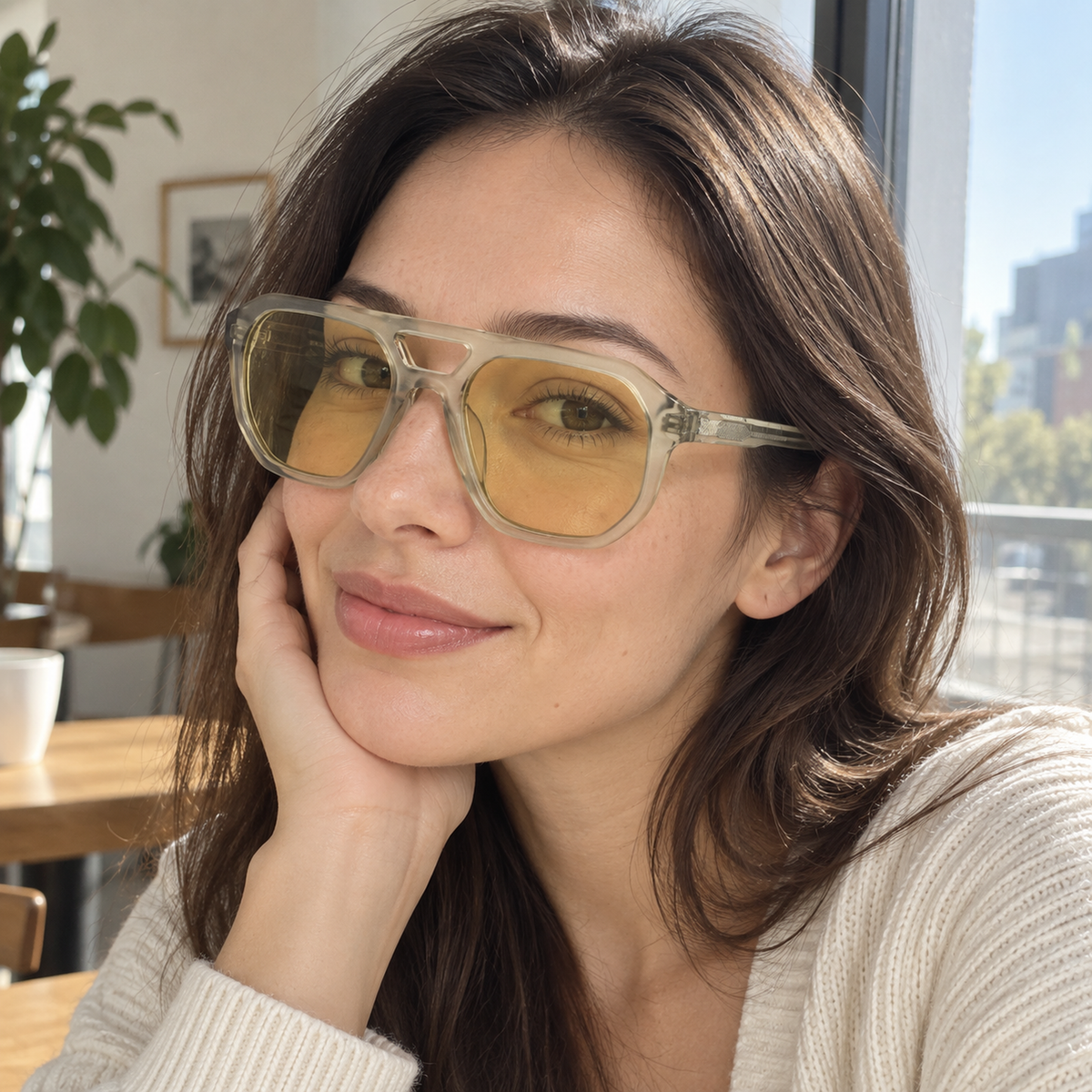Morgan crystal champagne / yellow sunglasses, lifestyle view