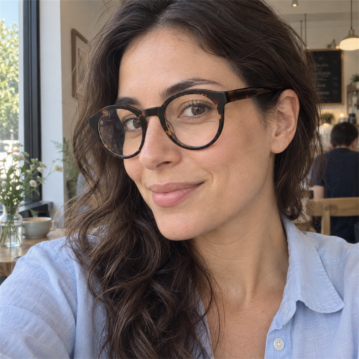 Rosalie tortoise acetate eyeglasses, lifestyle wearing photo