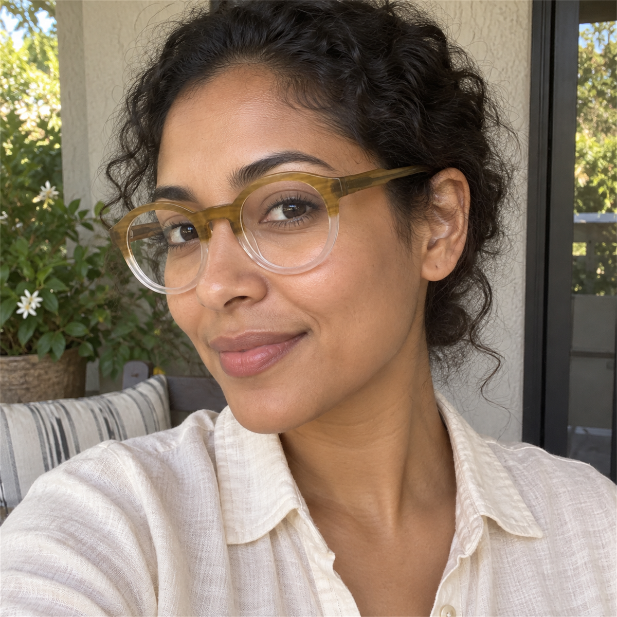 Rosalie honey amber acetate eyeglasses, lifestyle wearing photo