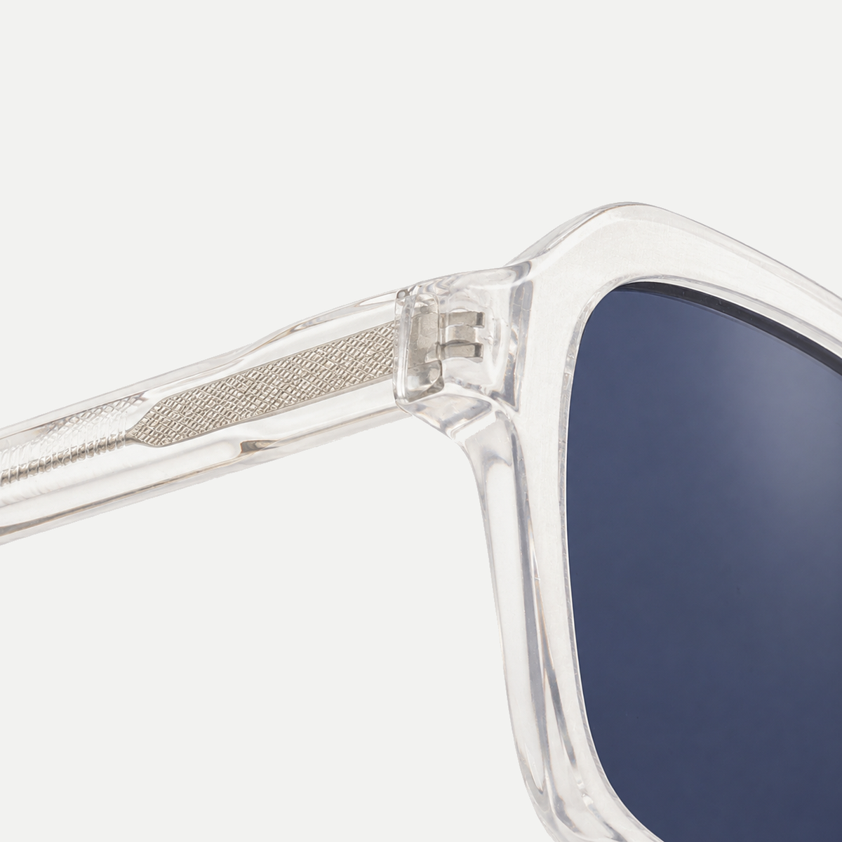 Skye crystal clear / slate blue sunglasses, frame detail