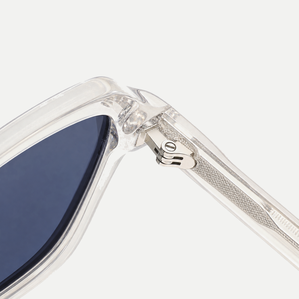 Skye crystal clear / slate blue sunglasses, frame detail