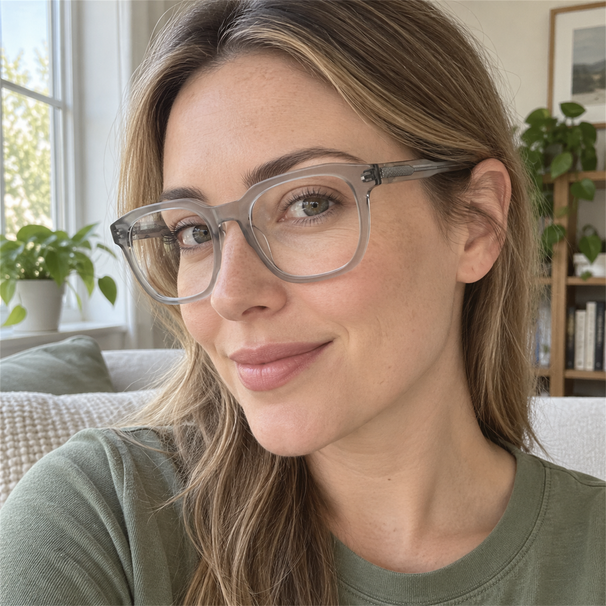 Juliette crystal gray acetate eyeglasses, lifestyle wearing photo