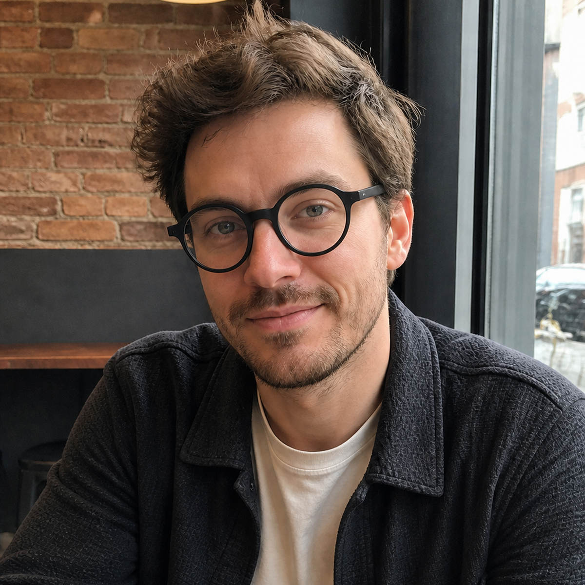 Marlow matte black acetate glasses worn by a customer