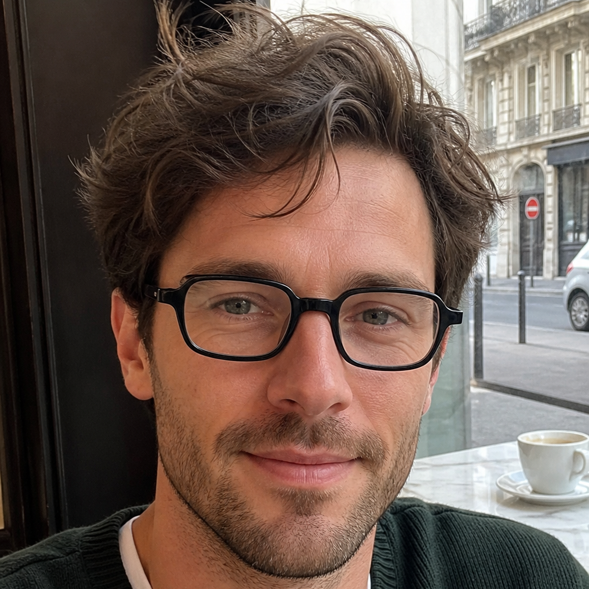 Evelyn black acetate glasses worn by a customer