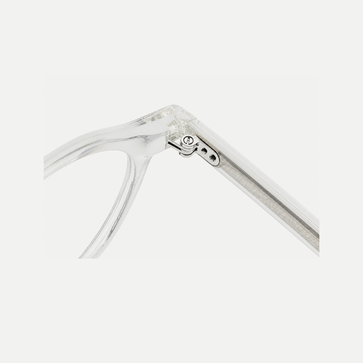 Clara crystal clear acetate glasses, hinge detail