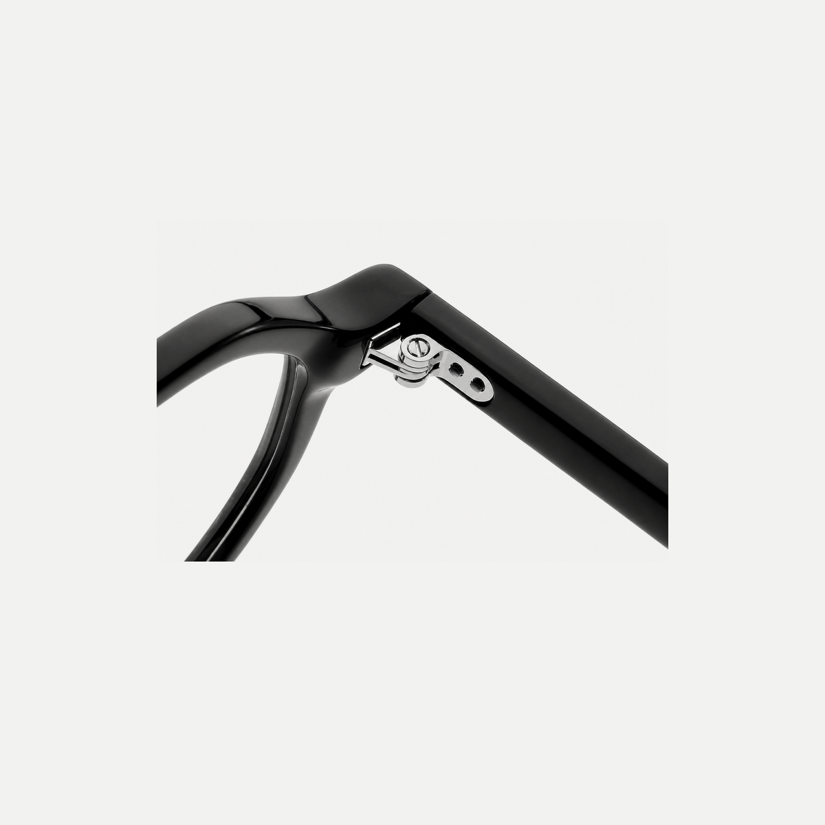 Audrey black acetate glasses, hinge detail