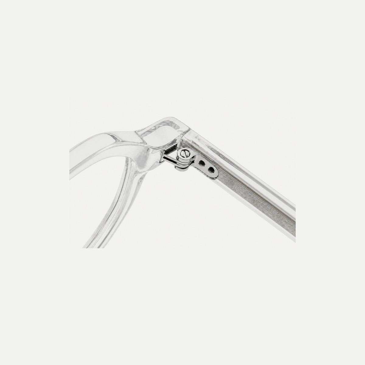 Audrey crystal clear acetate glasses, hinge detail