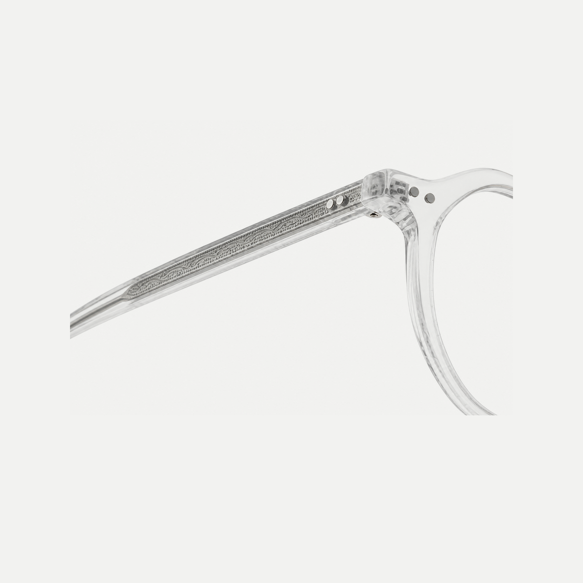 Hazel crystal clear acetate glasses, temple detail