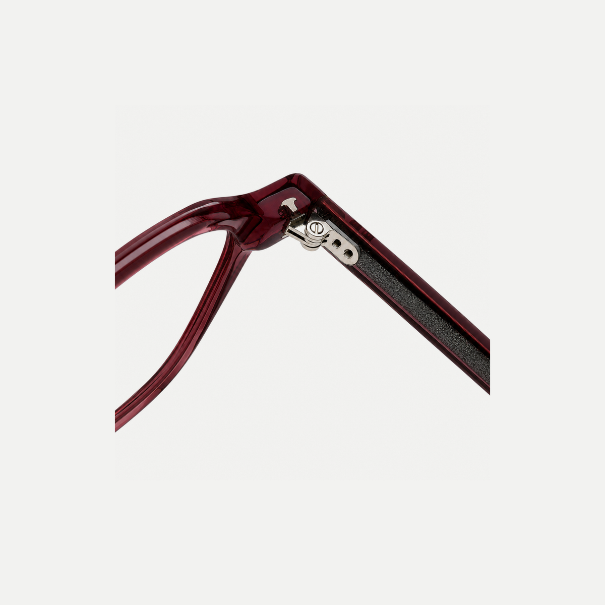 Eleanor burgundy acetate glasses, hinge detail