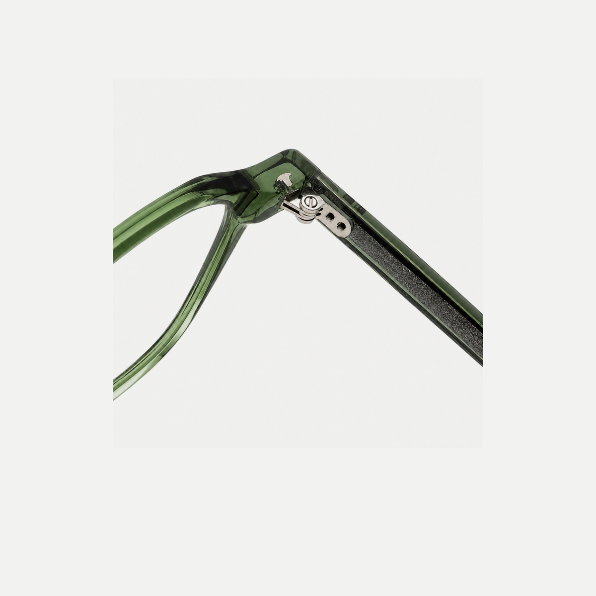 Eleanor forest green acetate glasses, hinge detail