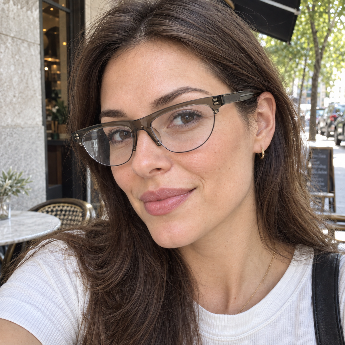 Vera crystal taupe acetate eyeglasses, lifestyle wearing photo