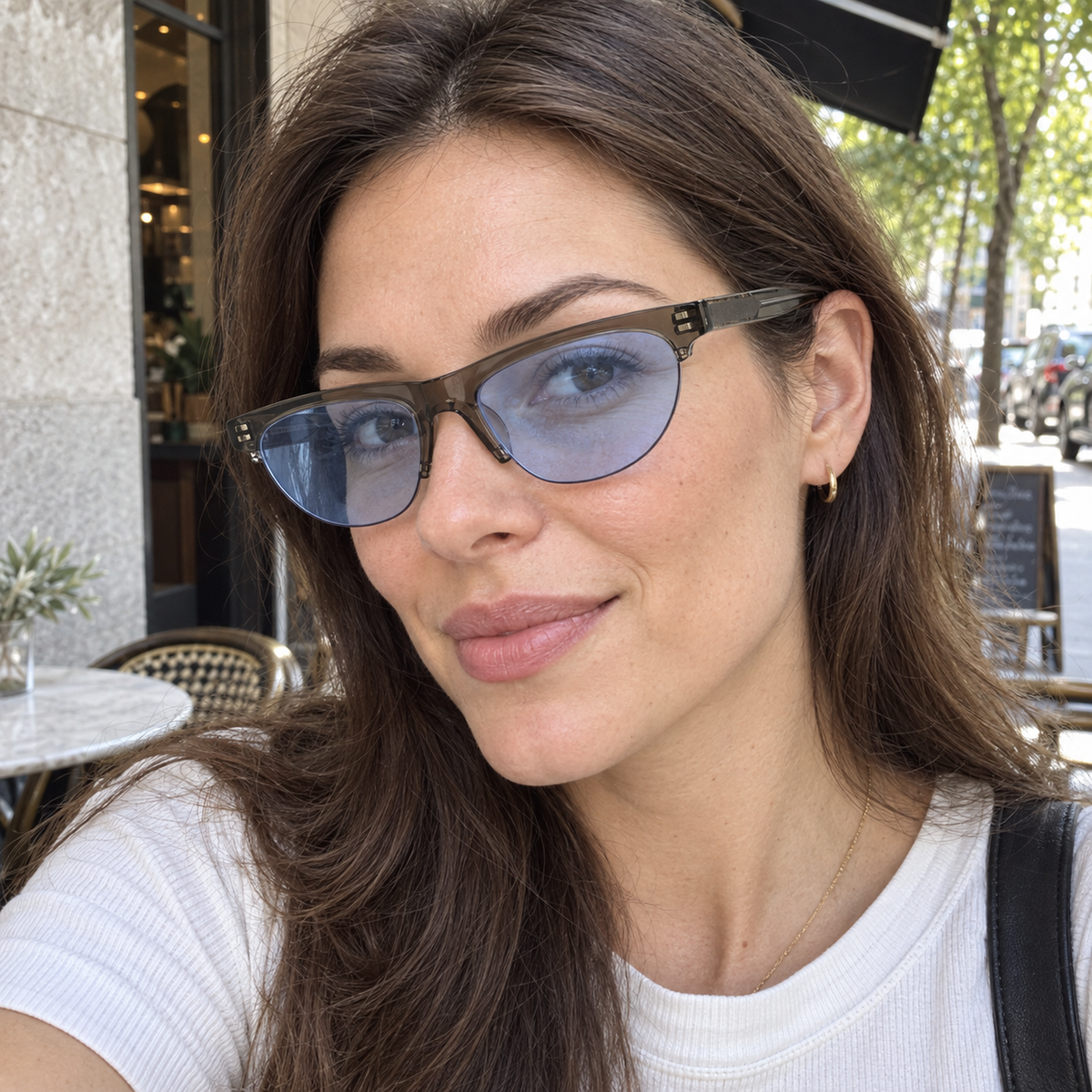 Rhea crystal taupe / ice blue sunglasses, lifestyle view