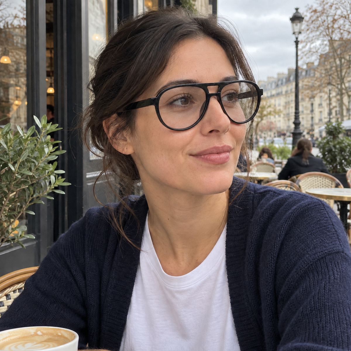 Elise black acetate eyeglasses, lifestyle wearing photo