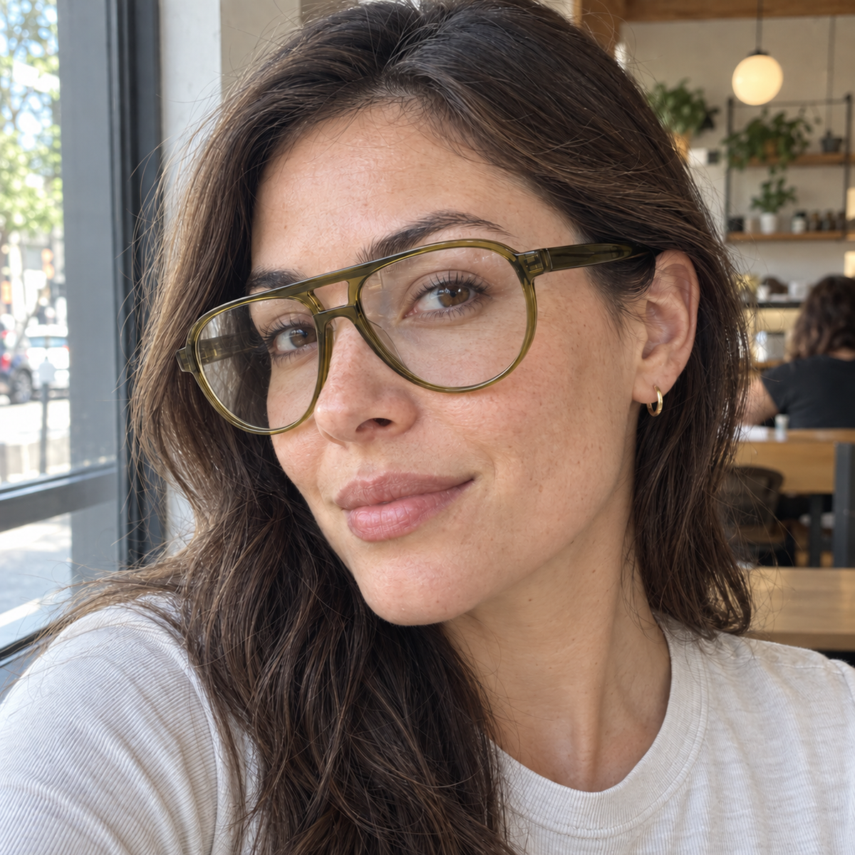 Elise crystal olive acetate eyeglasses, lifestyle wearing photo