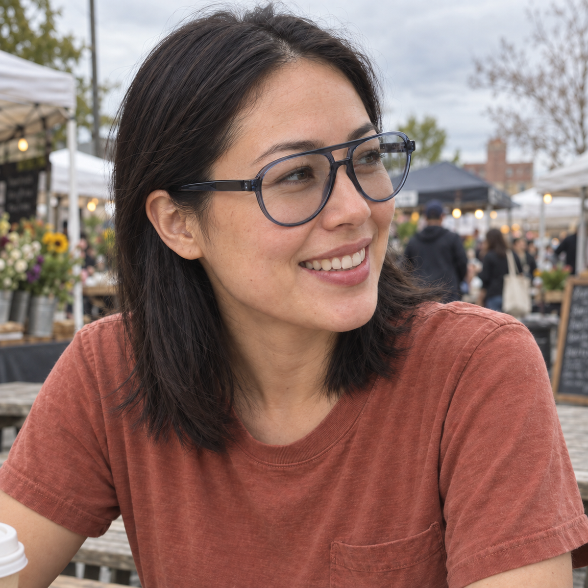 Elise crystal blue acetate eyeglasses, lifestyle wearing photo