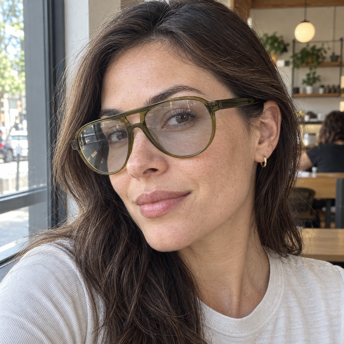 Quinn crystal olive / light smoke sunglasses, lifestyle view